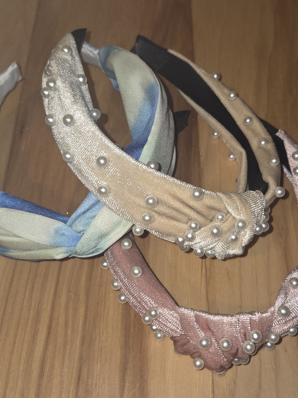 BUNDLE 3 Headbands 2 Pearl-Embellished Velvet - Beige, Pink  & 1 Blue And Cream